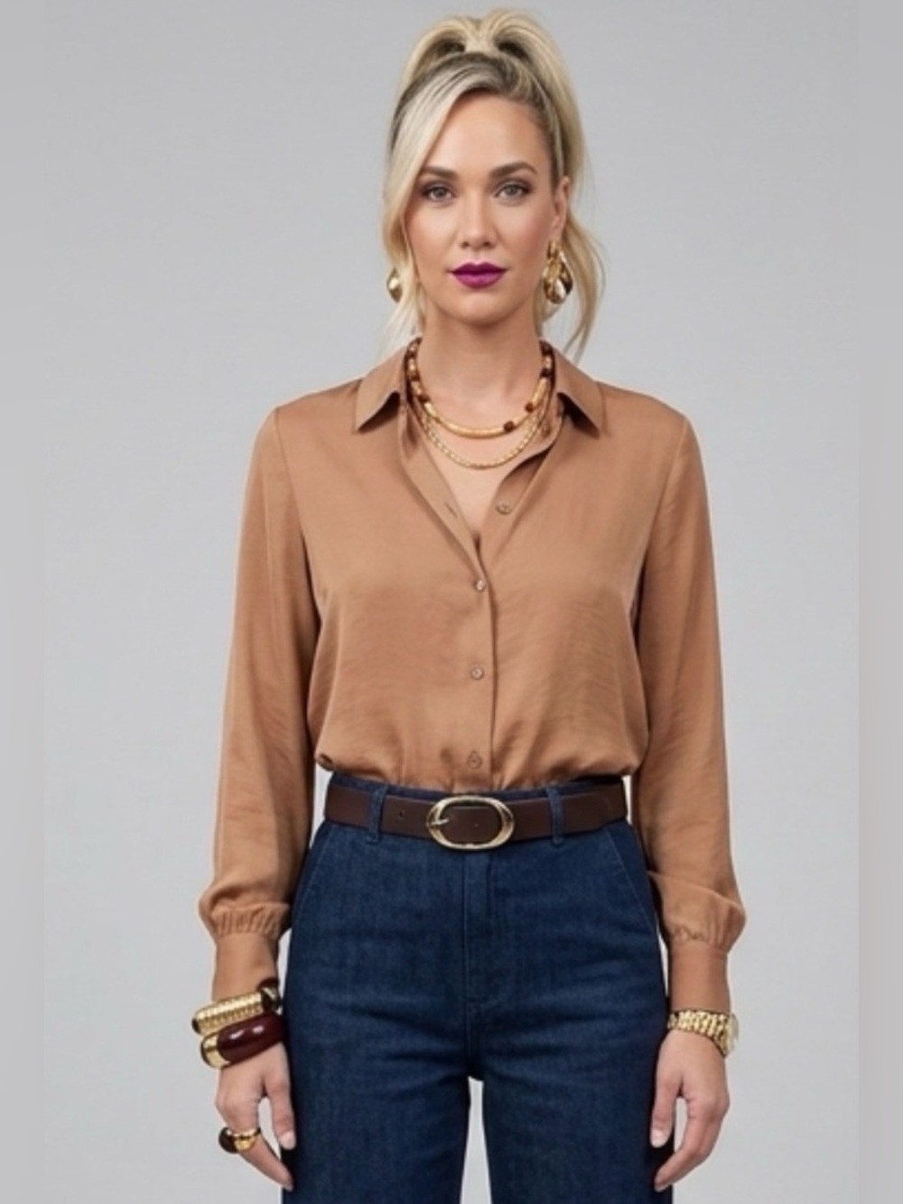 Satin Button-Front Long-Sleeve Blouse - Machiatto